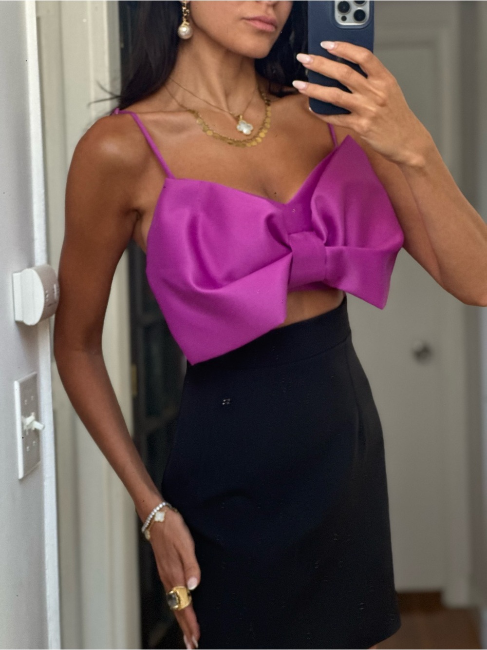 Trina Turk Fuchsia Bow Crop Top with Spaghetti Straps